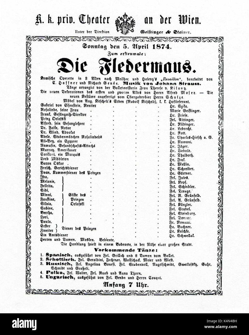 STRAUSS, Johann II. Fledermaus-Programm von Theater an der Wien Sonntag, den 5. April 1874 Premiere mit geistinger etc. Stockfoto