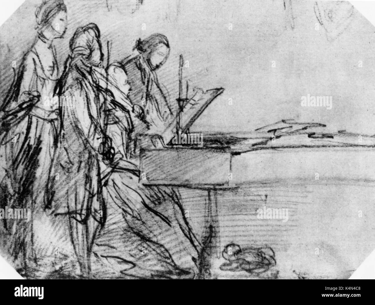 Cembalo, Violine & Sängerinnen und Sänger von Harpsicord und Geige begleitet. Nach Skizze von Thomas Gainsborough (1727 - 1788). 18. Jahrhundert - Später romantisch. Stockfoto