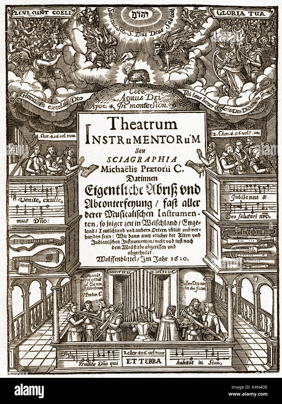 Michael Praetorius - Titelseite der deutschen Musiker des "Theatrum Instrumentorum' (1620). Index der Musikinstrumente, zweiter Teil des Syntagma Musicum. MP, deutscher Musiker, Komponist und Theoretiker: 15 Februar 1571 - 15. Februar 1621. Stockfoto