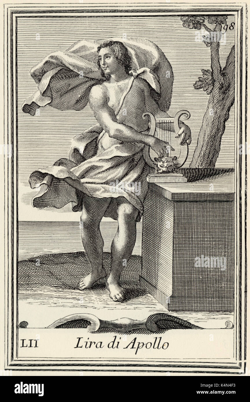 Lyraspieler Lyra von Apollo - Gravur von bonanni's 'Gabinetto Armonico', 1723. Von Arnold Van Westerhout. Abbildung 98. Stockfoto