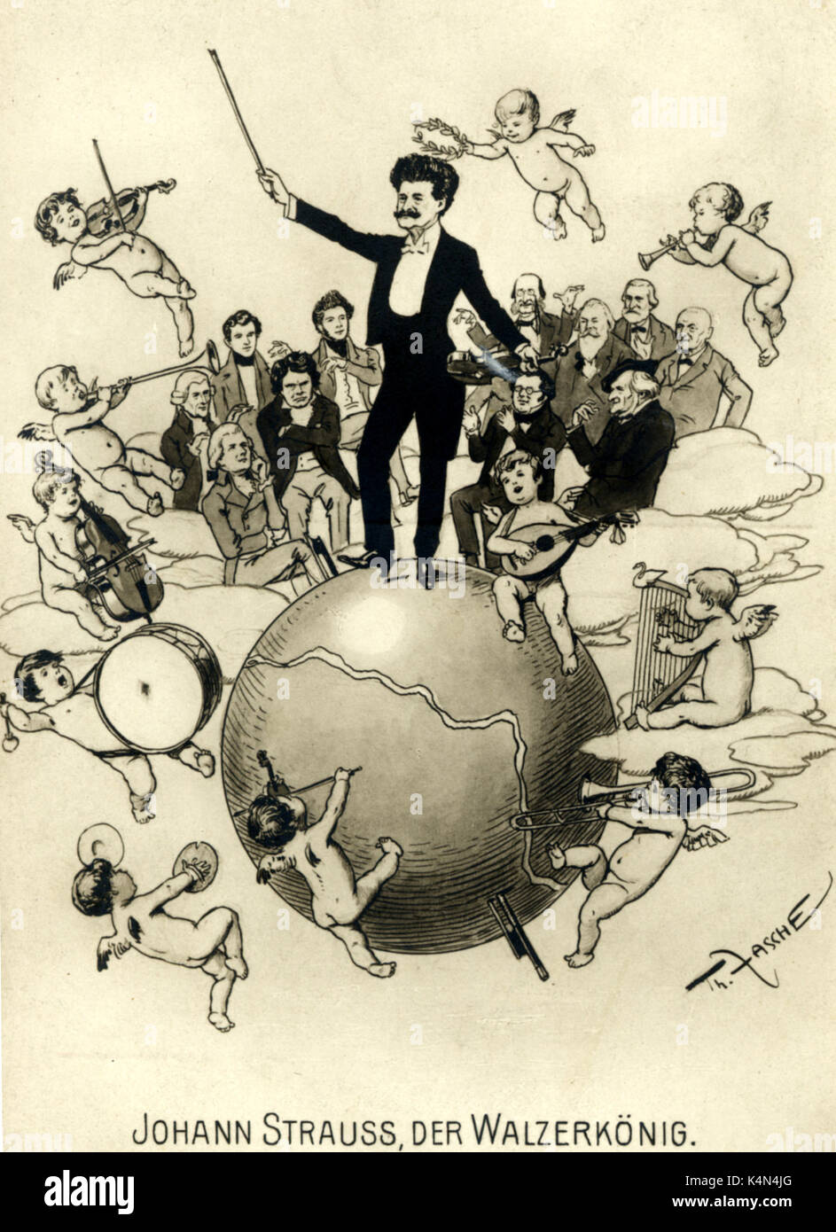 Johann Strauss II als "Walzerkönig" (König der Walzer). Im Hintergrund; Beethoven, Haydn, Mozart, Schubert, Wagner, Brahms, Offenbach, Verdi und Bruckner. Der oesterreichische Komponist, Dirigent und Violinist, 1825-1899 Stockfoto