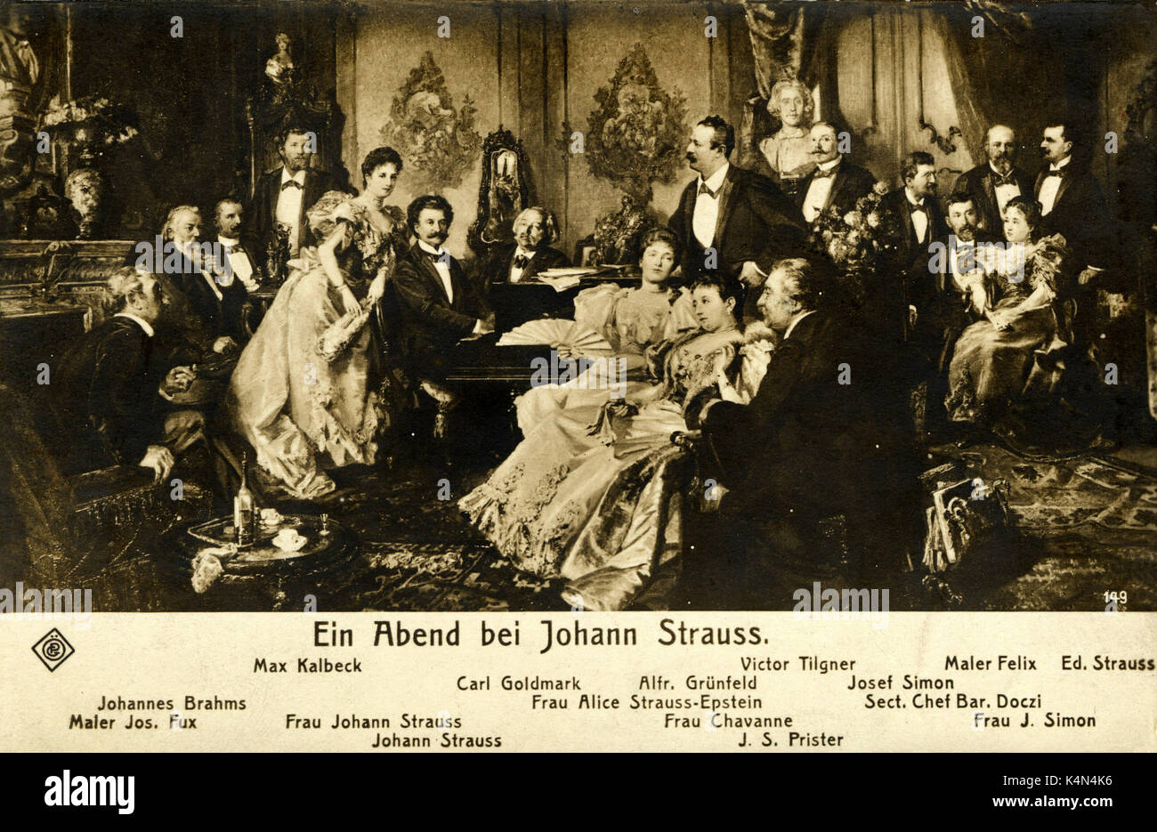 Ein Abend mit Johann Strauss II. Brahms, C Goldmark, Edward Strauss, Frau Johann Strauss etc. sind in der Versammlung. Der oesterreichische Komponist, Dirigent und Geiger (1825-1899) Stockfoto