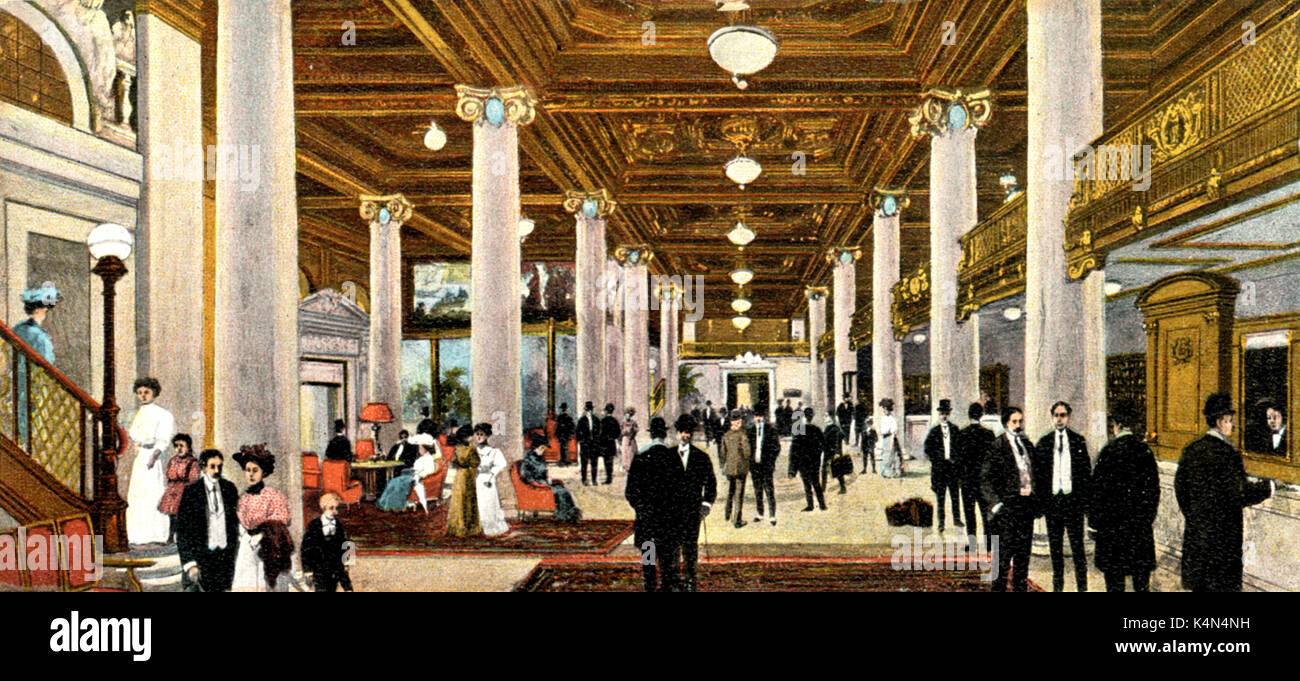 NEW YORK, Hotel Astor Lobby, Anfang des zwanzigsten Jahrhunderts, mit der Atmosphäre der Zeit eindeutig erfasst. Stockfoto