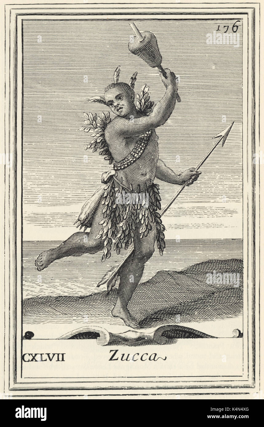 American Indian holding Kürbis Rassel (zucca) Gravur von bonanni's 'Gabinetto Armonico" (1723) von Arnold Van Westerhout. Abbildung: 176 Stockfoto