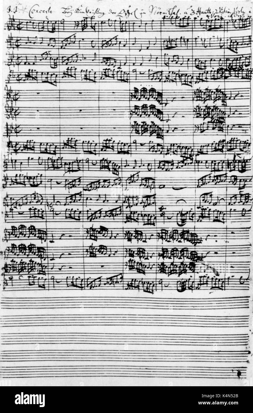 Johann Sebastian Bach - "Kantate zu Ehren an der Orgel Störmtal'. Erste Seite der handschriftlichen Partitur. Deutscher Komponist und Organist, 1685-1750 Stockfoto