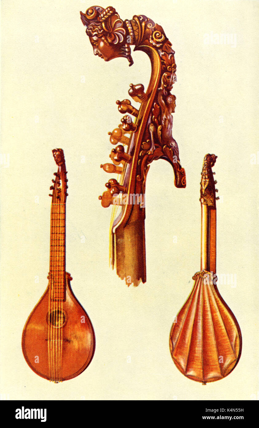 INSTR - früh - CISTER - stradivarius Italienische Cister/Cetera von Stradivarius, datiert 1700. nb aufwendige Carven auf Blättern/Stoffauflauf. Vorder- und Rückseite. Durch Hipkins, 1921 gezeichnet. (Alfred James Hipkins 1826-1903) Stockfoto