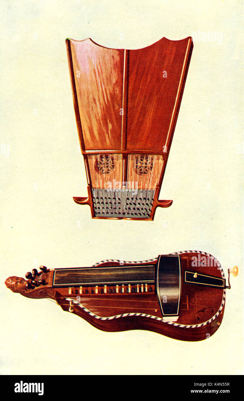 Drehleier von Louvet, in Paris, 1757 auch Bell Harfe (oben) gezeichnet von Hipkins, 1921. Stockfoto