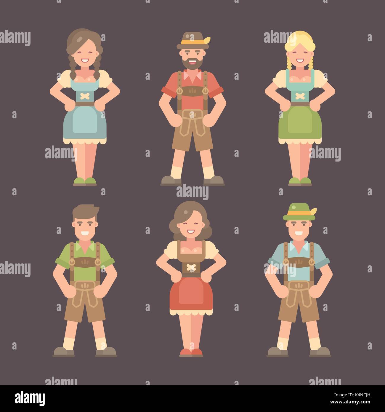 Satz flacher Oktoberfest Zeichen auf dunklem Hintergrund. Männer in Lederhosen und Frauen im Dirndl. Beer Festival Kostüme flachbild Abbildung Stock Vektor