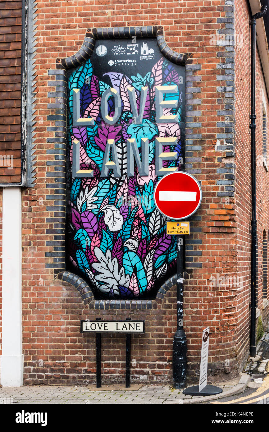 Street Art, Love Lane, Canterbury, Kent, Großbritannien Stockfoto