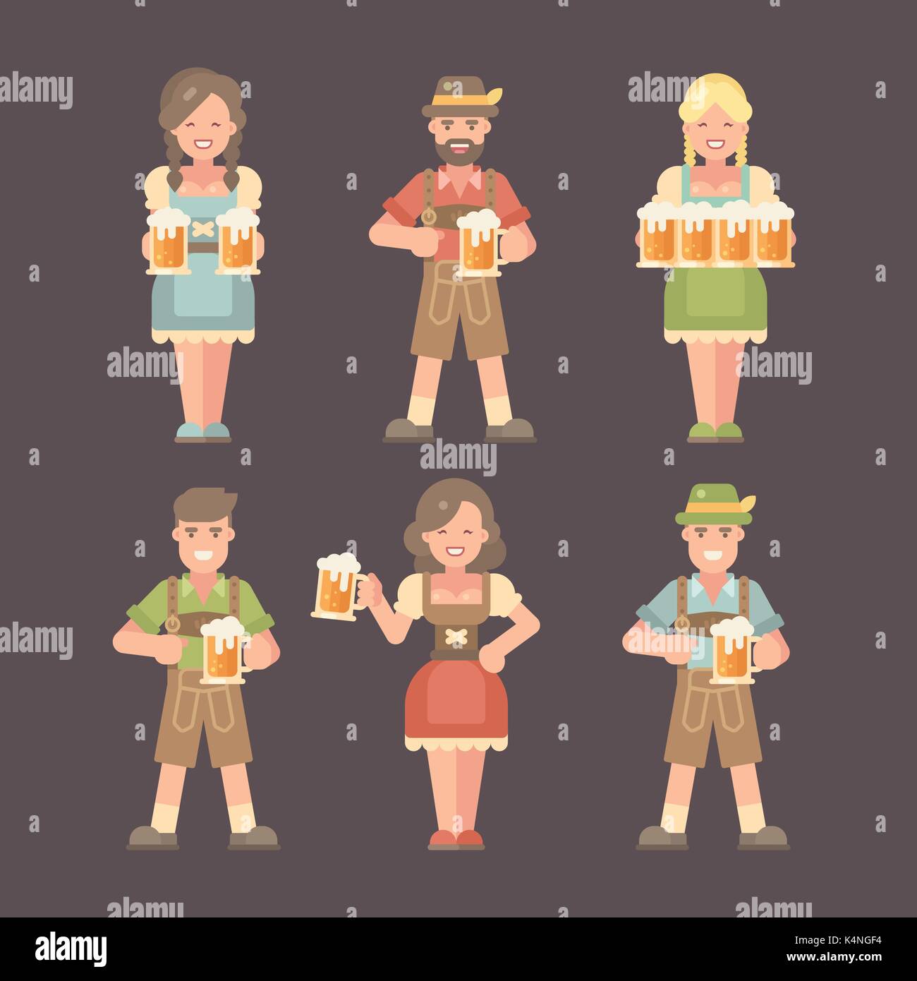 Satz flacher Oktoberfest Zeichen auf dunklem Hintergrund. Männer in Lederhosen und Frauen in Dirndl holding Bierkrüge. Beer Festival Kostüme Stock Vektor