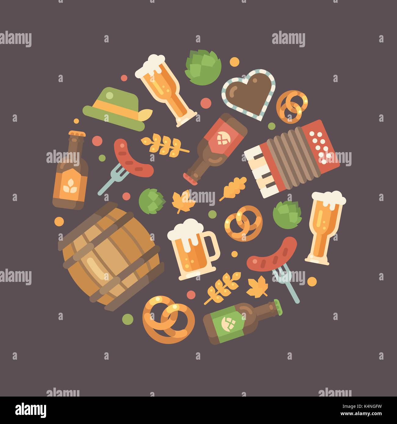 Oktoberfest flachbild Symbole in einem Kreis angeordnet. Barrel Bier, Akkordeon, Becher, Lebkuchenherz, Glas, Brezel, hop, Hut, Flasche, Weizen, Gabel mit sausag Stock Vektor