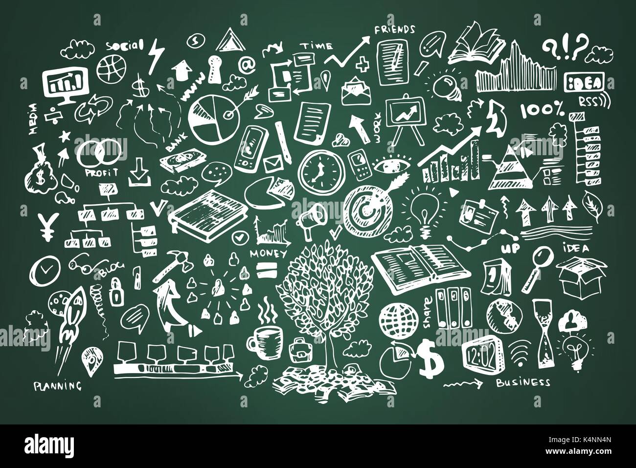 Business doodle Vector Illustration. Symbol und Hand gezeichnete Elemente, Chalk Symbole auf dem grünen Brett Stock Vektor