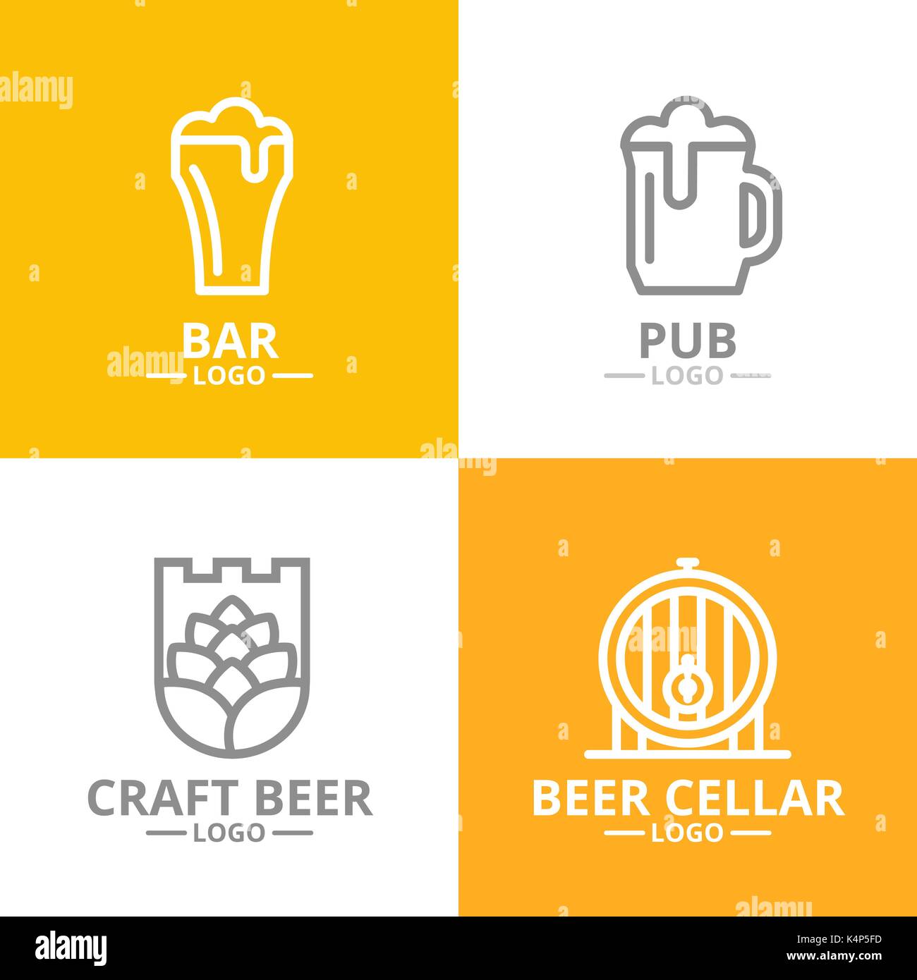 Satz von Bier und Alkohol, hop, fass Logo oder Abzeichen, Embleme, Etiketten und Abzeichen. Vektor Linienstil Stock Vektor