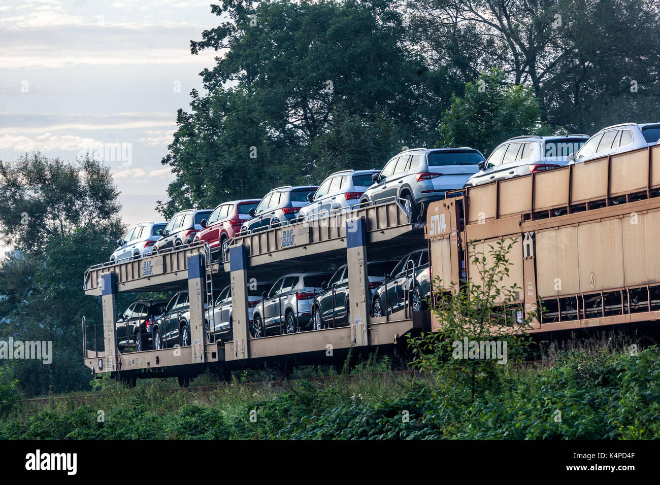 Neue Skoda Autos auf Eisenbahnwaggons produziert von Skoda Auto Werk Kvasiny, Tschechische Republik Stockfoto