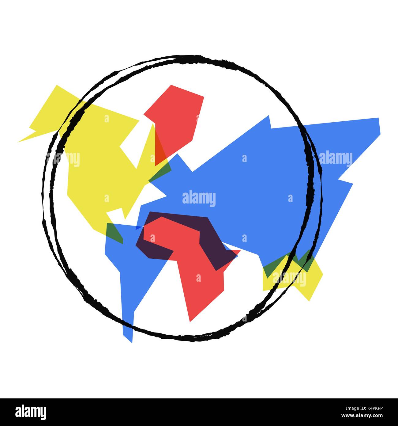 Abstrakte Welt Karte einfache Konzept Abbildung, bunte geometrische Kontinent Formen mit Hand gezeichnet Planet Erde skizzieren. EPS 10 Vektor. Stock Vektor