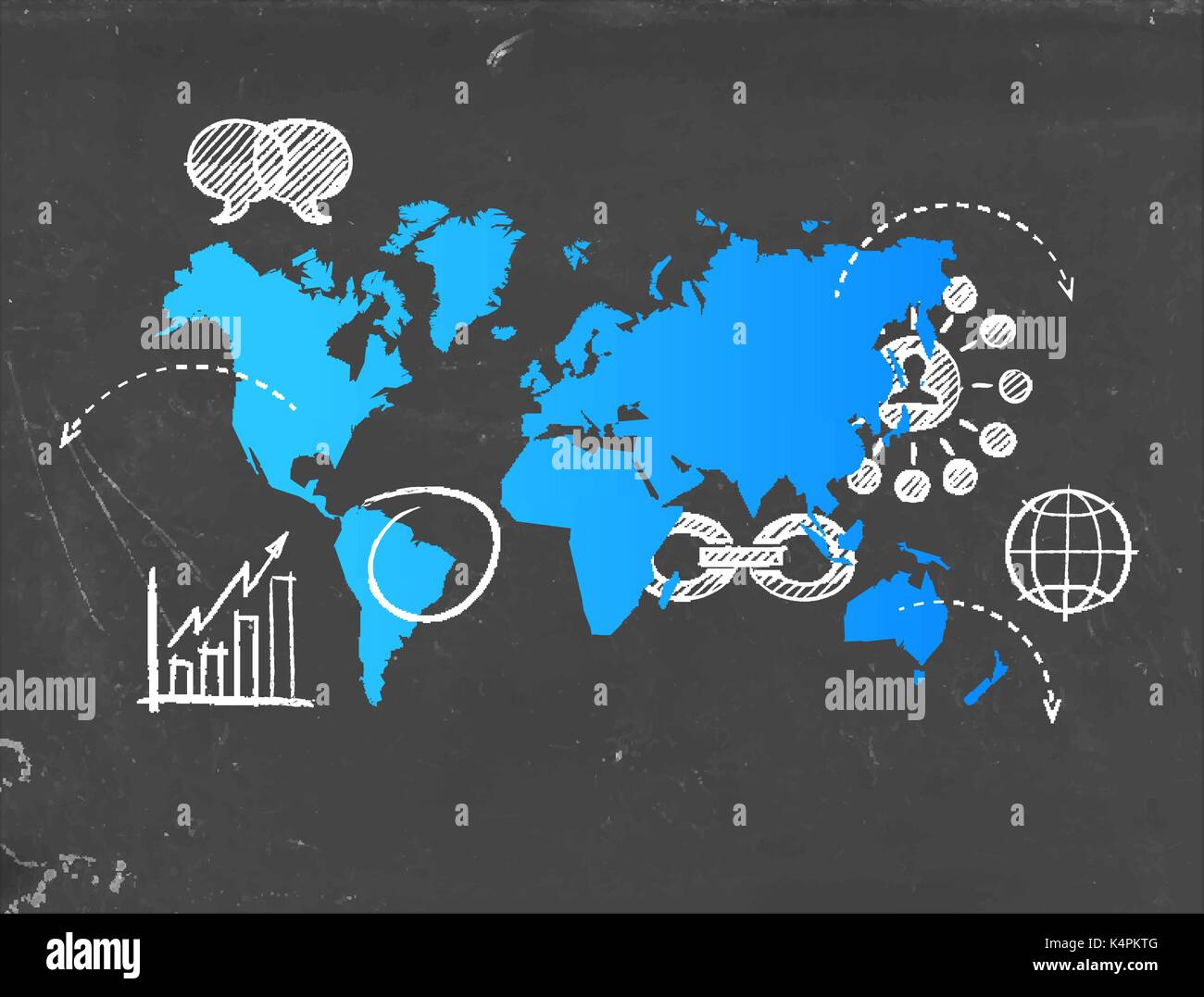 Social Media Welt Karte Vorlage mit modernen Internet Business Symbole auf Tafel gezeichnet. International Technology Kommunikationskonzept. EPS 10 Vektor. Stock Vektor