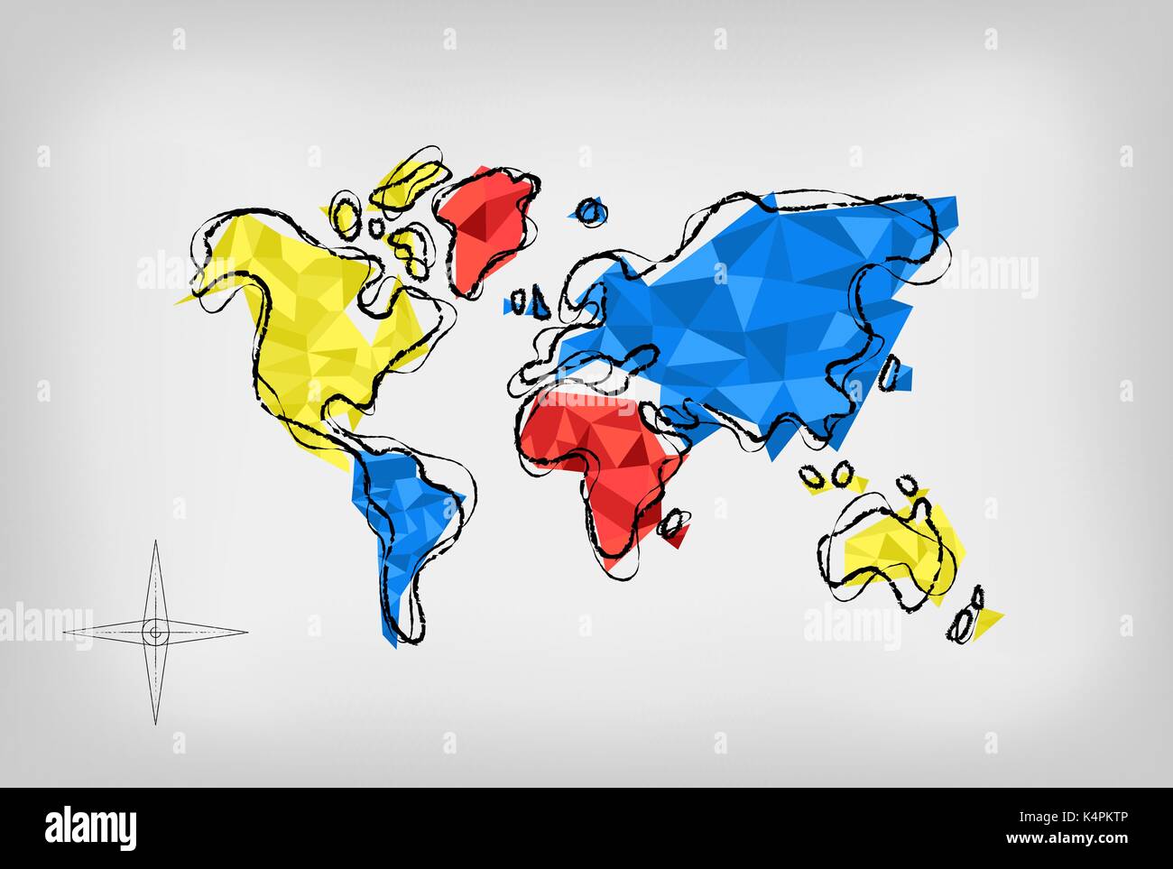 Moderne Welt Karte Abbildung: Vorlage in der Hand gezeichneten Stil, mit bunten abstrakte Low Poly geometrische Formen. EPS 10 Vektor. Stock Vektor