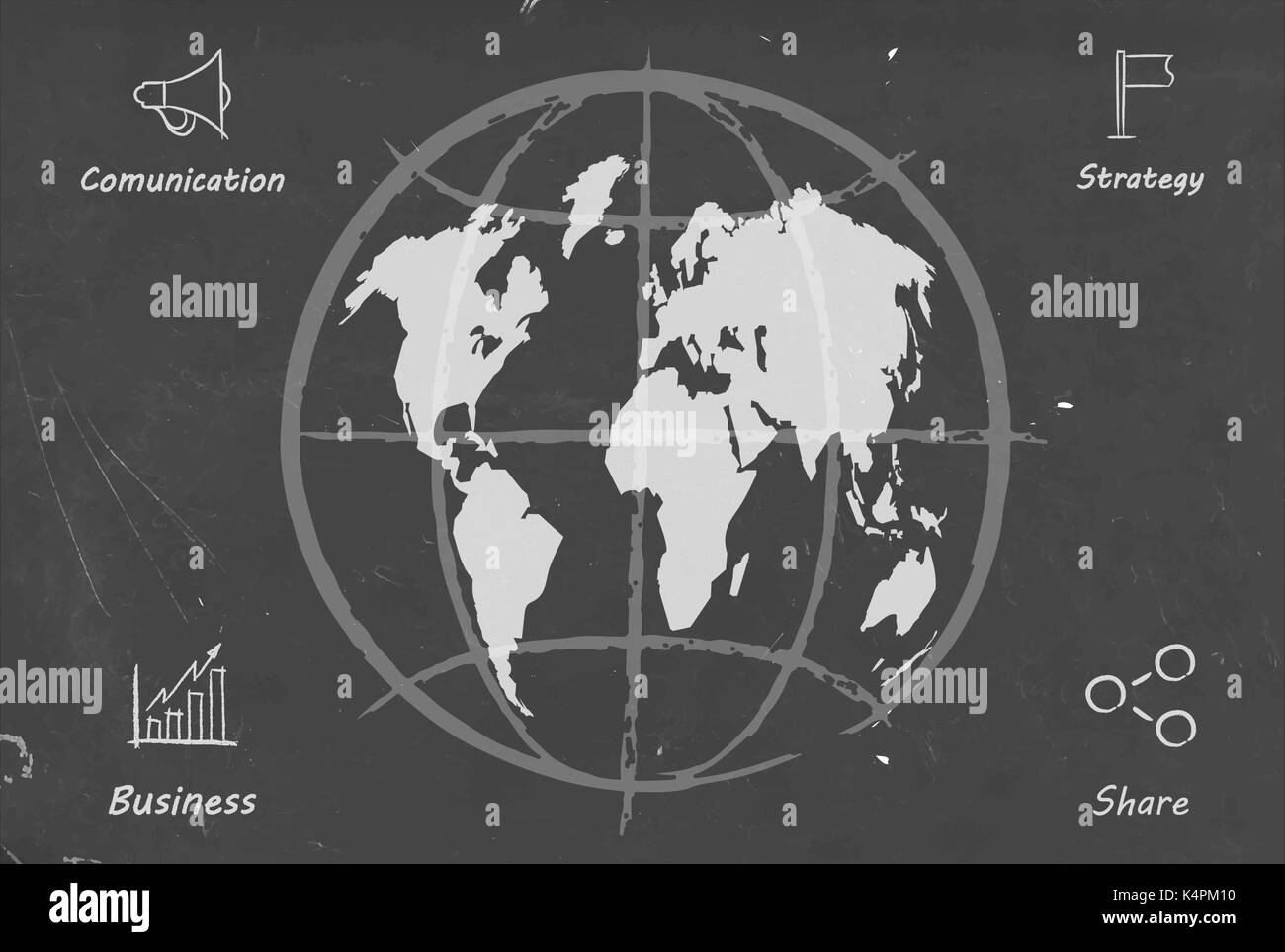 Social Media Welt Karte Vorlage mit modernen Business Icons auf Kreide Tafel gezeichnet. International Technology Kommunikationskonzept. EPS 10 Vektor. Stock Vektor