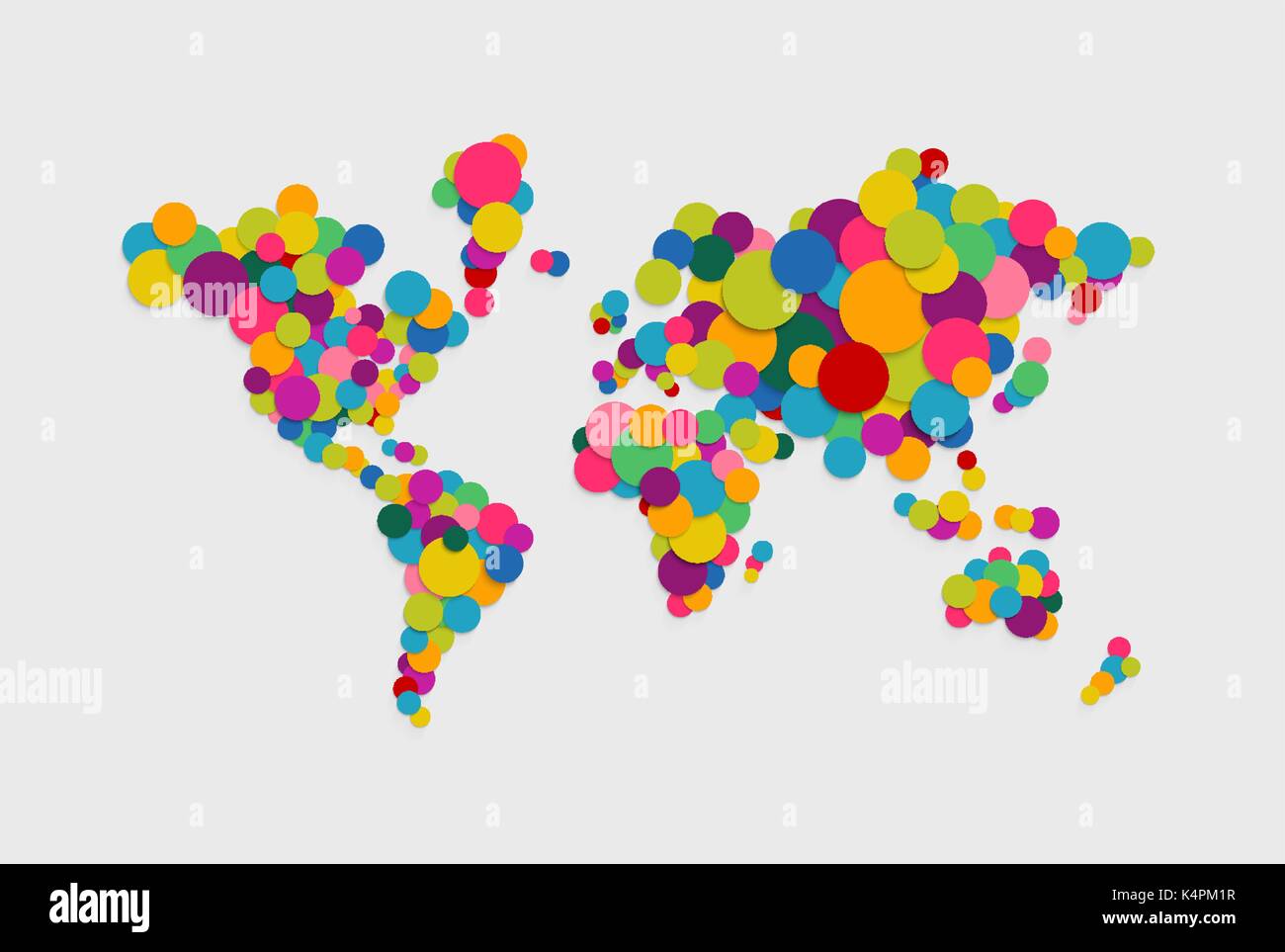 Farbenfrohe abstrakte Welt Karte Konzept Abbildung: Lebendige multicolor Kreise im 3d-Papier schneiden Stil gemacht. EPS 10 Vektor. Stock Vektor