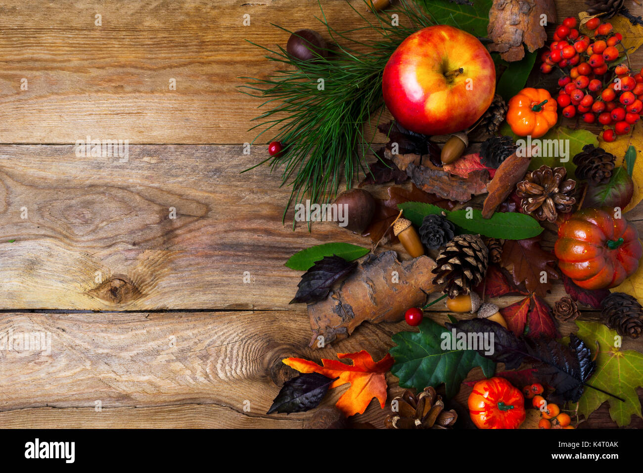 Herbst Hintergrund mit Kürbis, Äpfel und Kegel auf Holztisch. Thanksgiving Gruß mit saisonalen Symbole Stockfoto