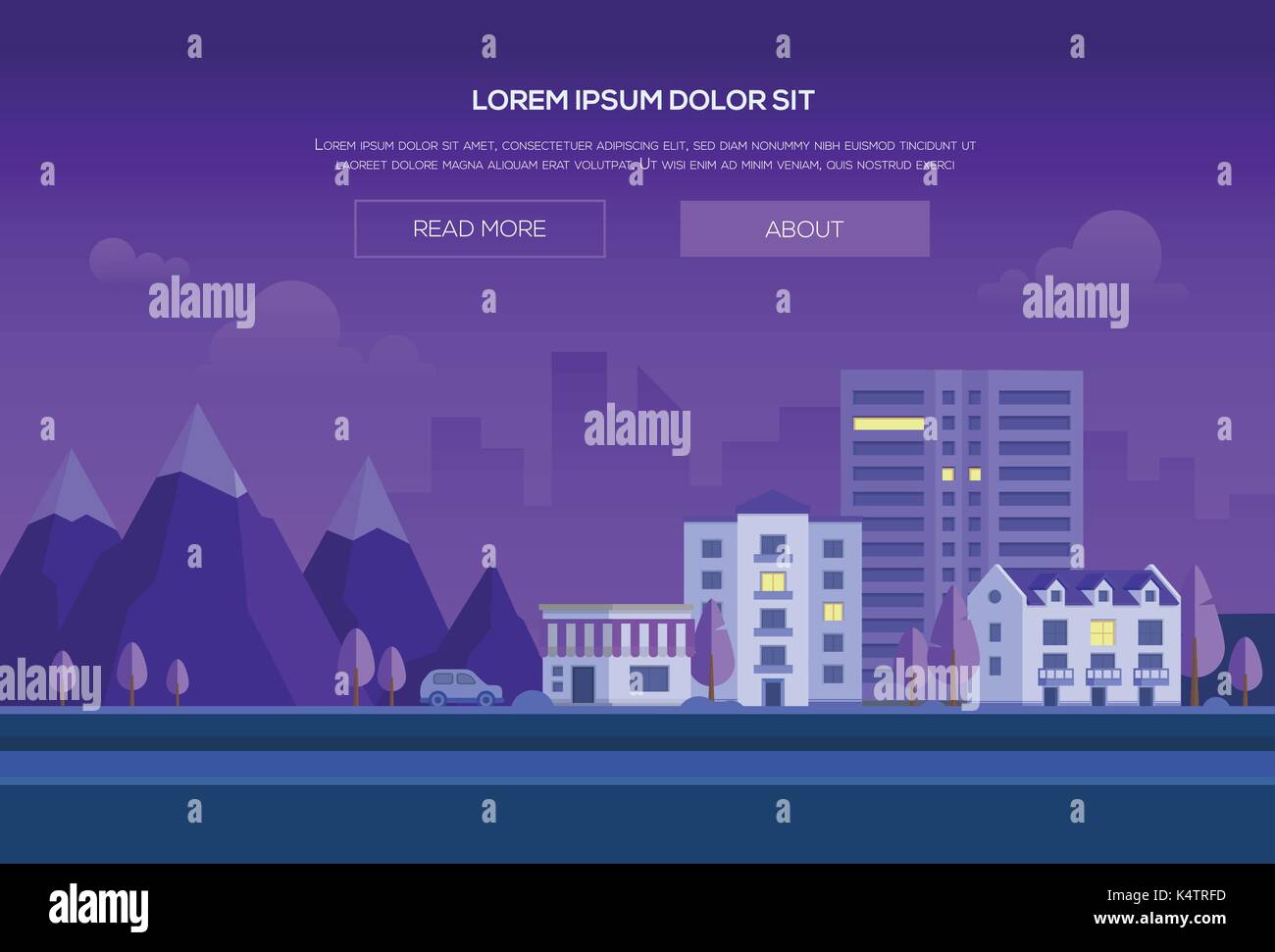 Nacht Stadt, die durch die Berge - moderne Vector Illustration mit Platz für Text. Stadtbild mit Hügeln, Park, Straße, Autos, Häuser, Wolkenkratzer, lila Himmel wi Stock Vektor