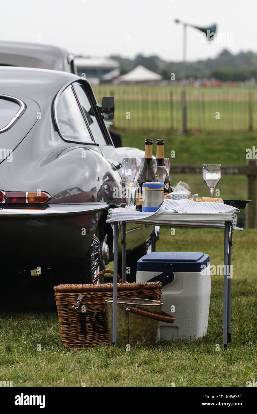 E-Type Jaguar und Champagner Picknick am Goodwood Revival Stockfoto