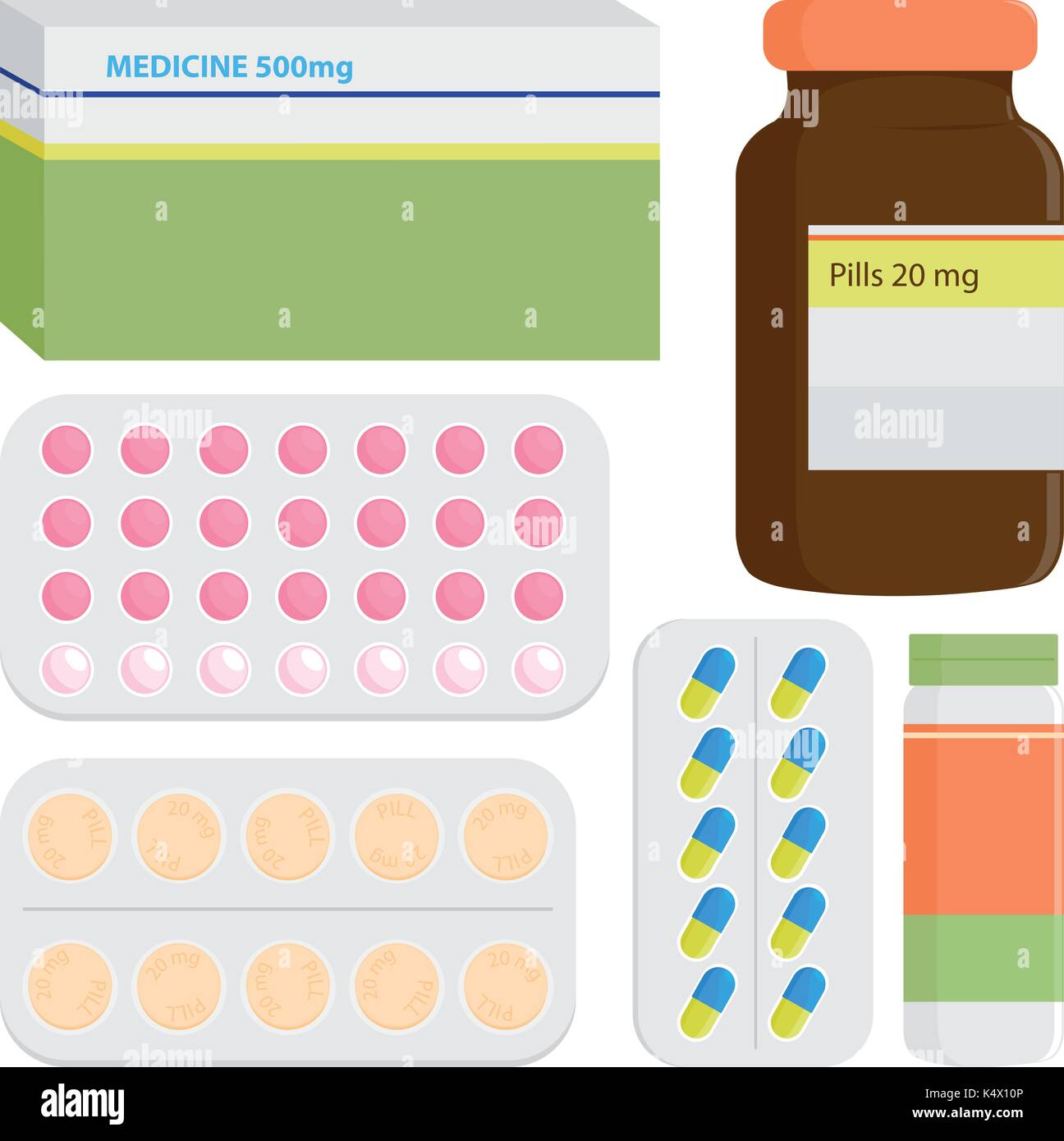 Medizin, Verordnungflaschen, Drogen und Pillen. Vector Illustration Stock Vektor