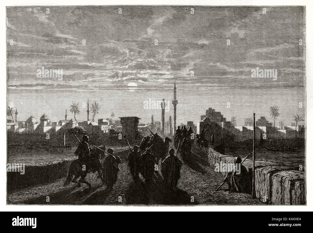 Sonnenuntergang über einer alten arabischen Stadt und Leute Silhouette auf der Rückseite angezeigt. Alte Ansicht von Adana in der Türkei. Von Großvater und Trichon Boinvisin auf Le Tour du Monde Paris 1862 veröffentlicht erstellt Stockfoto