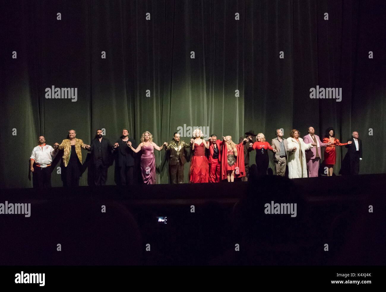 Die Besetzung der Curtain Call an Wagners Rheingold, Bayreuth Opera Festival 2017, Bayern, Deutschland Stockfoto