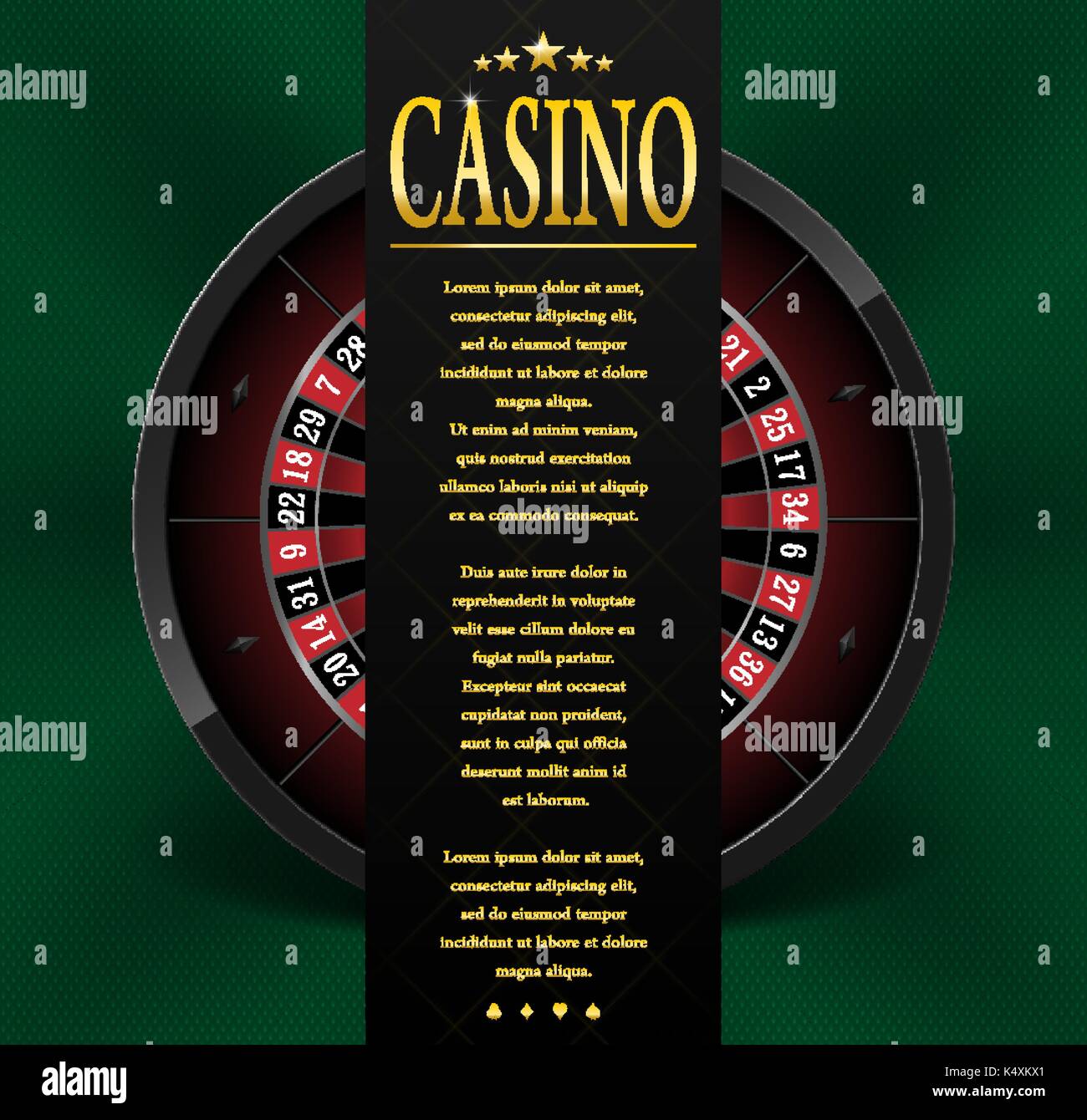 Casino Poster oder Flyer Design. Casino banner Vorlage mit Roulette Rad isoliert auf grünem Hintergrund. Spielen Casino Spiele. Vector Illustration. Stock Vektor