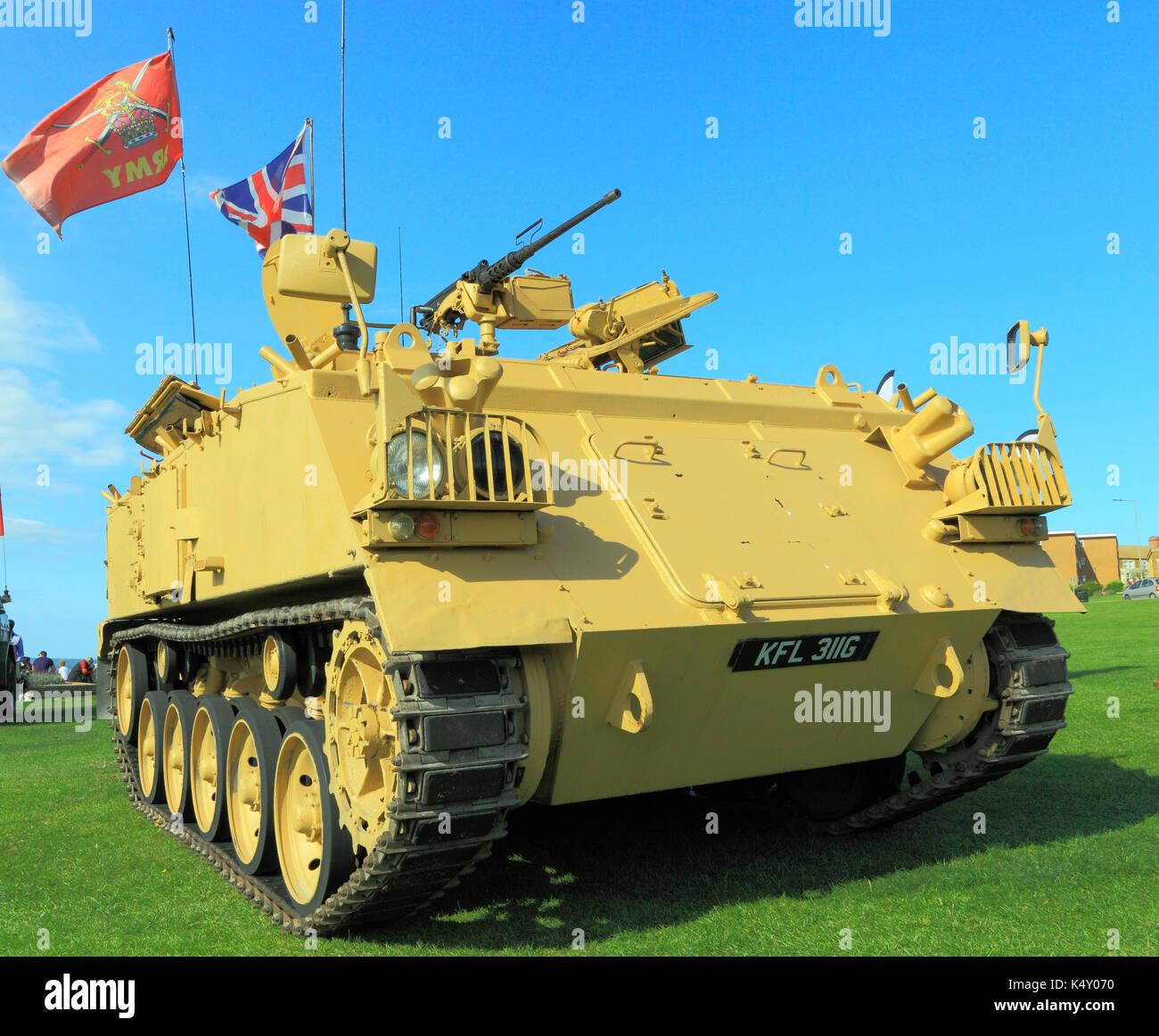 Britische Armee 432 Tank, der in der ersten Irak Krieg eingesetzt, Militär, Fahrzeug, Fahrzeuge, Kriege, Army Flagge Union Jack Flagge, Fahnen, Waffen, Waffen, England, Großbritannien Stockfoto