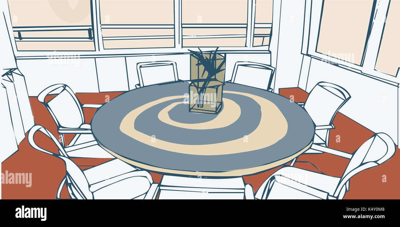 Leere Stühle um den Tisch und den Konferenzraum Stock Vektor