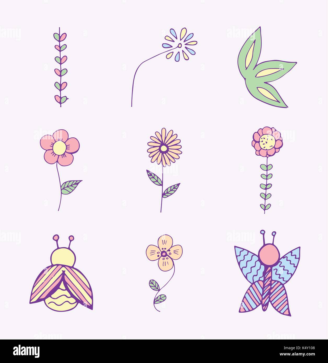 Vector Set von verschiedenen Blumen und Insekten Stock Vektor