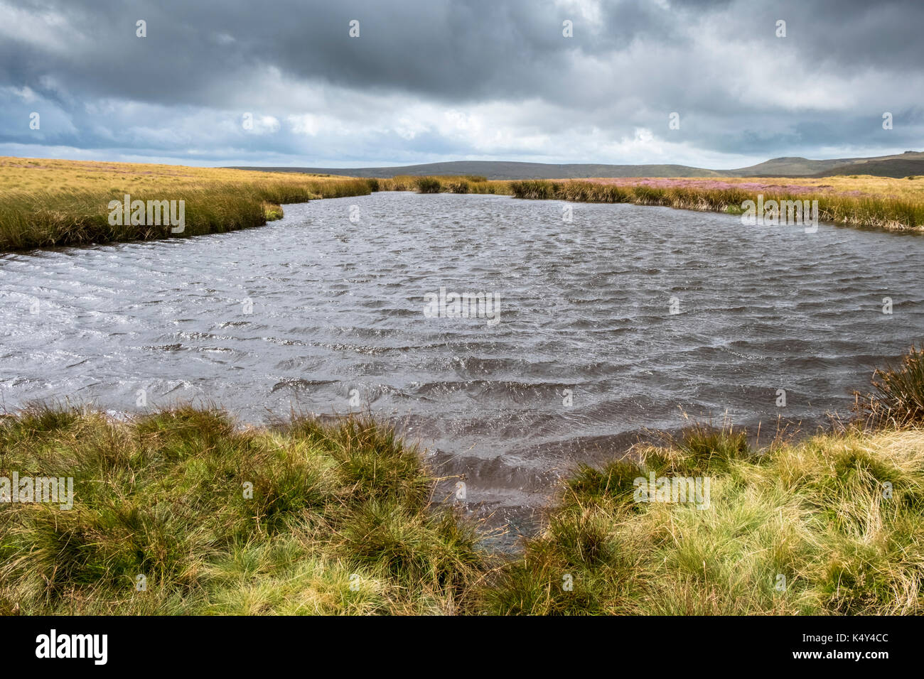 Stürmische Landschaft. Windiges Wetter verursacht Kabbelwasser an einem kleinen See auf Broadlee Bank Tor, Kinder Scout, Derbyshire, Peak District, England, Großbritannien Stockfoto