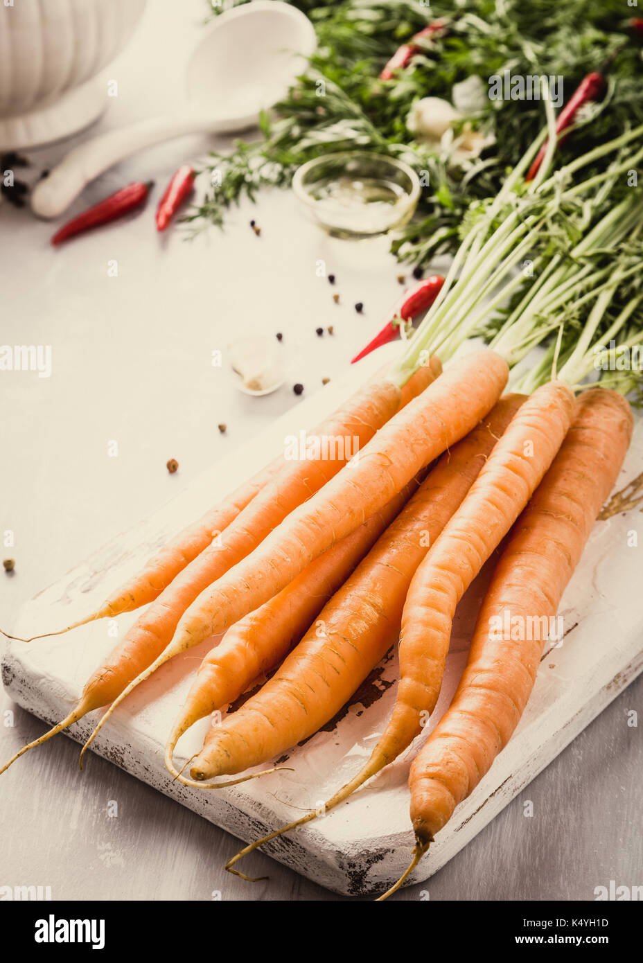 Zutaten für Karotten Suppe Stockfoto