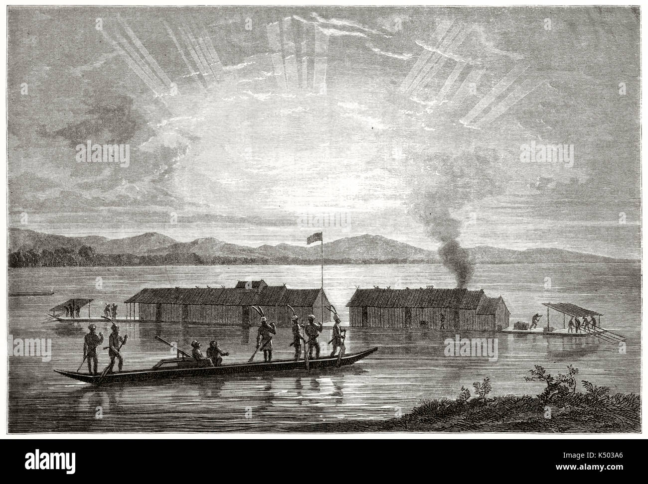 Alten schwimmenden Hütten auf einer ebenen Wasseroberfläche bei Sonnenuntergang und Boot Rudern auf dem Weg zu Ihnen. Dayak schwimmenden Hütten entlang des Flusses Borneo Barito. Durch Francais nach Schwaner auf Le Tour du Monde Paris 1862 Stockfoto