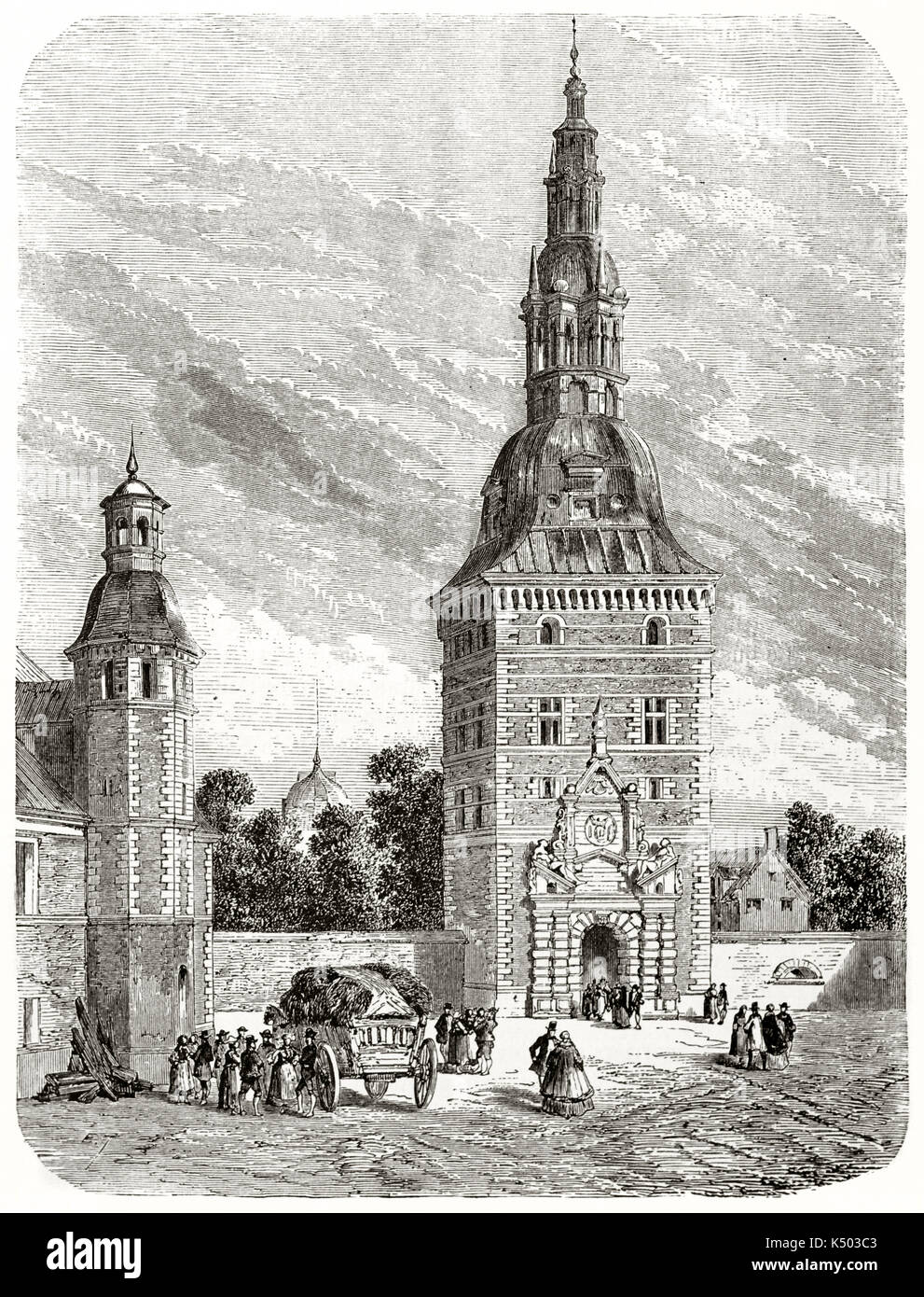 Den alten Eingang des Friederiksborg Burg Turm Dänemark. Durch Therond auf Le Tour du Monde Paris 1862 veröffentlicht erstellt Stockfoto