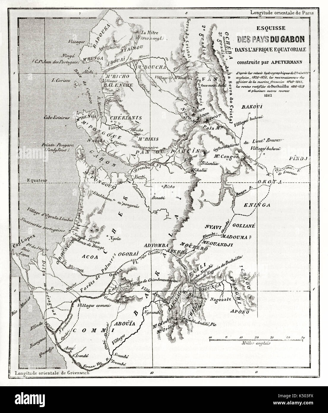 Alte Graustufen topografische Karte von Gabun in Afrika. Von Erhard und Bonaparte auf Le Tour du Monde Paris 1862 veröffentlicht erstellt Stockfoto