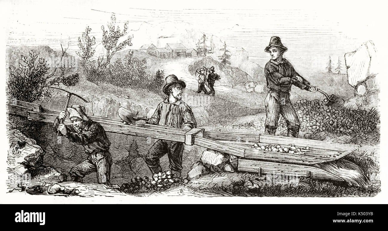 Alte französische Goldgräber in Kalifornien arbeiten an der Long Tom (lange Waschbox). Durch Chassevent nach vorheriger Gravur von Unknown Author am Le Tour du Monde Paris 1862 veröffentlicht erstellt Stockfoto