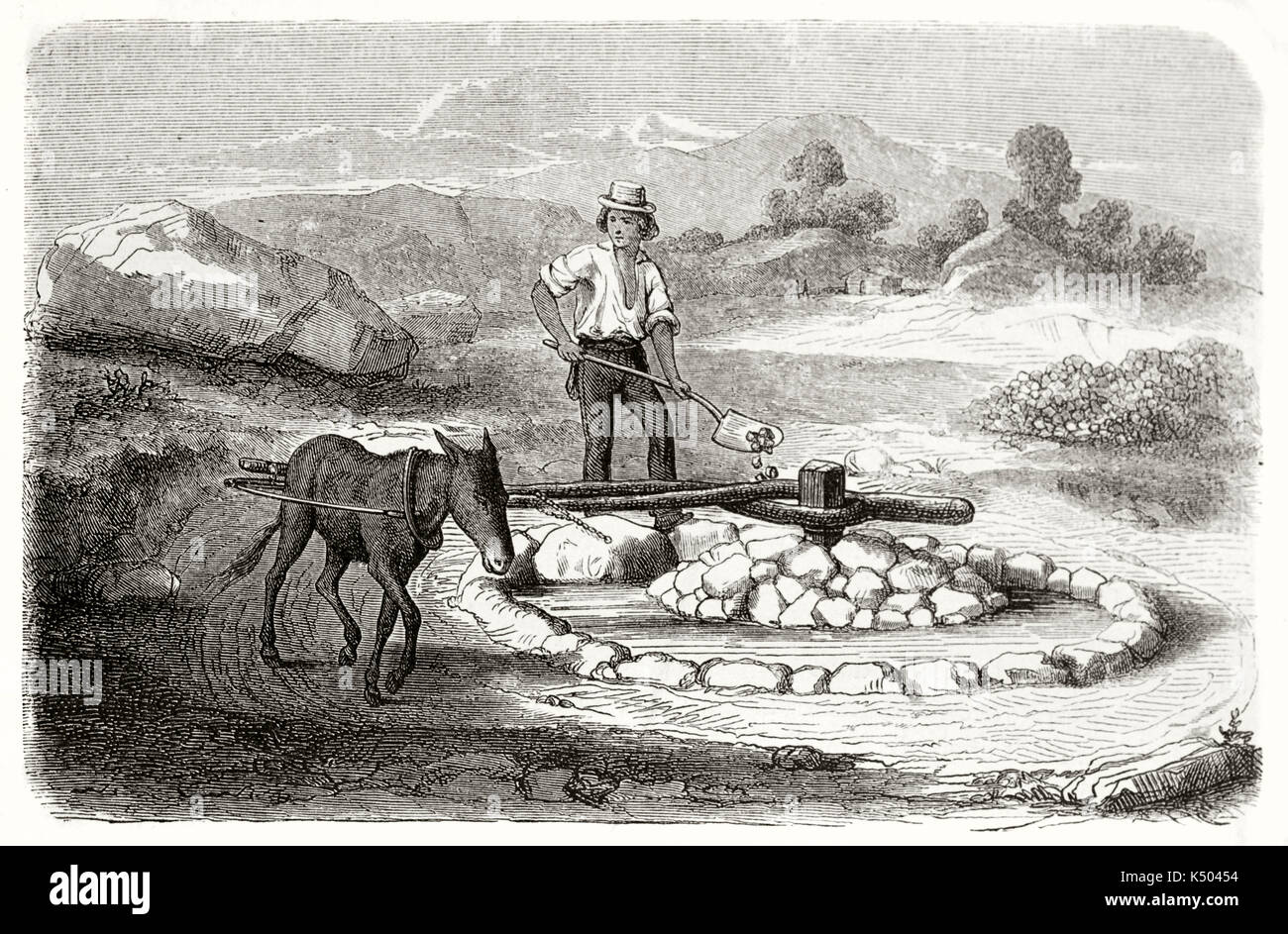 Ancent mexikanischen Miner in Kalifornien arbeiten an der Allastra (mineralische Zerkleinerung Gerät) mit einem maultier verwendet. Durch Chassevent nach vorheriger Gravur von Unknown Author am Le Tour du Monde Paris 1862 veröffentlicht. Stockfoto