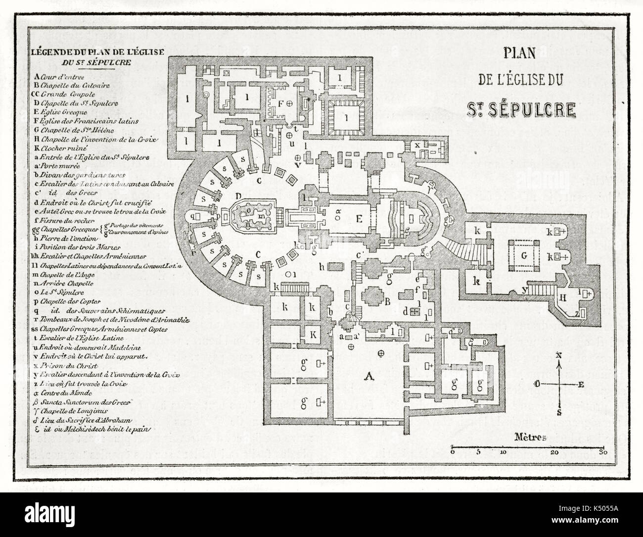 Alte planimetry der Grabeskirche Jerusalem mit der Legende auf der Seite. Von unbekannter Autor auf Le Tour du Monde Paris 1862 veröffentlicht. Stockfoto