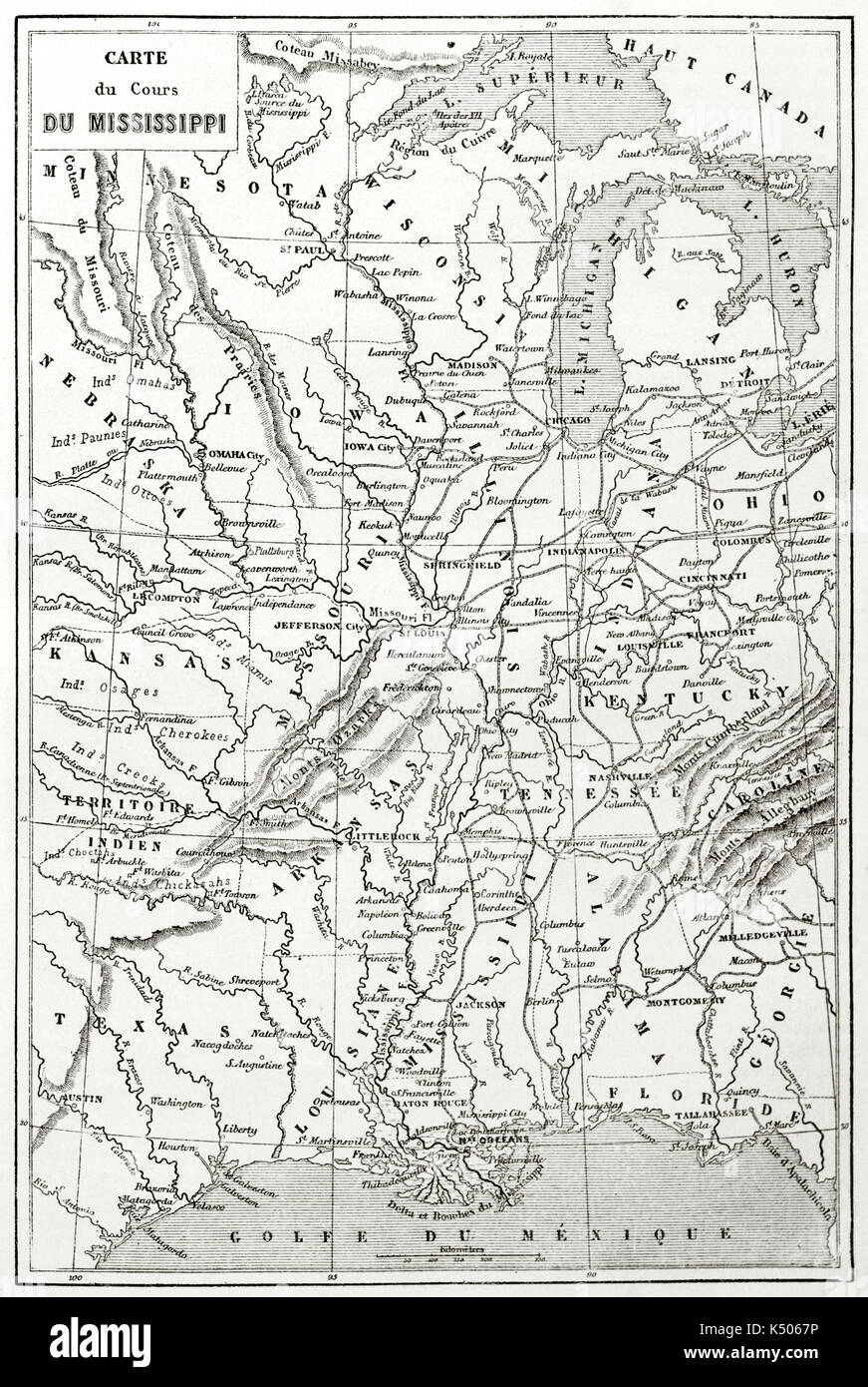 Alte topografische Karte des Mississippi River. Von Erhard und Bonaparte auf Le Tour du Monde Paris 1862 veröffentlicht erstellt Stockfoto