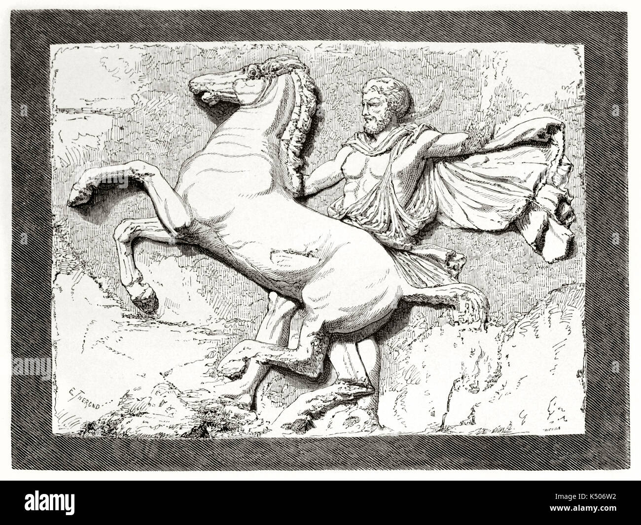 Alte graviert Reproduktion von einem hochrelief metope Skulptur von Phidias im Parthenon Athen einen Mann und eine Aufzucht Pferd. Durch Therond auf Le Tour du Monde Paris 1862 veröffentlicht. Stockfoto