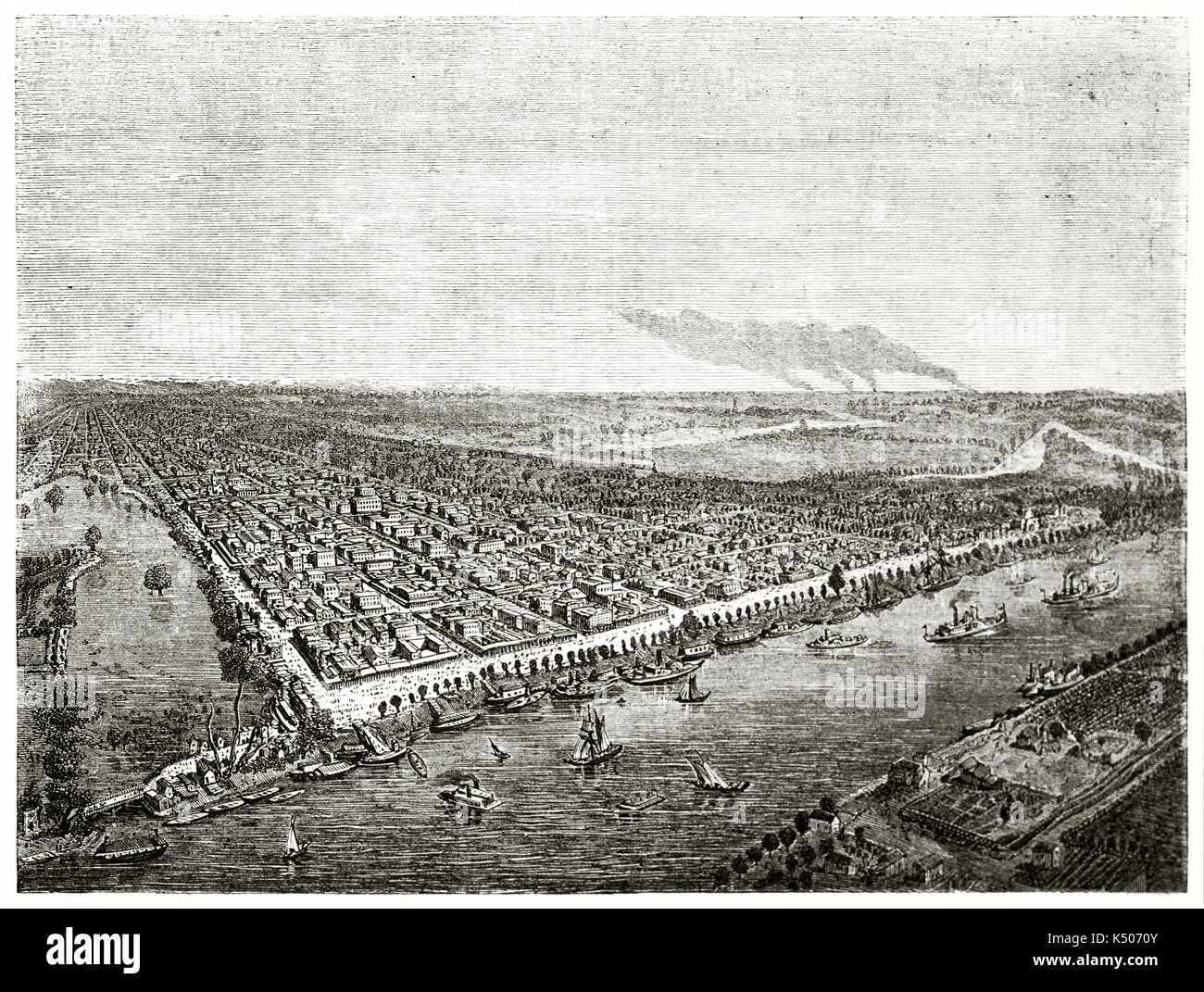 Große Panoramafenster Blick von oben auf die alten Sacramento, Kalifornien. Sehr vaste Stadt neben seinem schiffbaren Fluss reichen von Boote, Schiffe und Dampfschiffen. Durch Regis auf Le Tour du Monde Paris 1862 veröffentlicht. Stockfoto