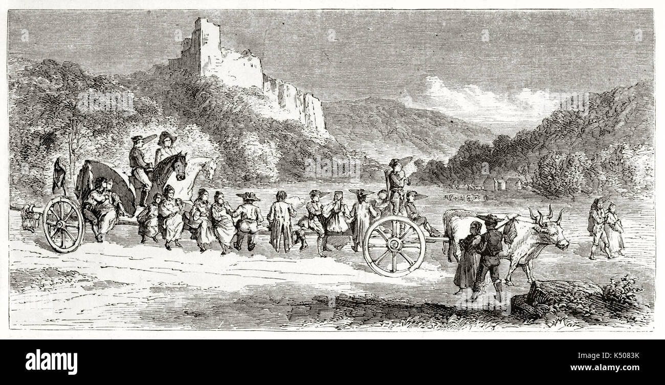 Alte Bauern zurück nach Hause kommen aus Stuttgart Markt, Deutschland, Outdoor an Bord eines langen Wagen von Ochsen gezogen. Von Lancelot auf Le Tour du Monde Paris 1862 veröffentlicht erstellt Stockfoto