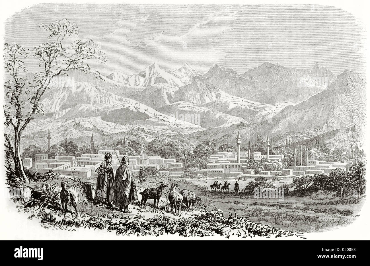 Alte große Ansicht Ansicht von Tarsus und das Taurusgebirge im Hintergrund Kilikien (in der heutigen Türkei), orientalischen Stil Stadt und Hirten zu richten. Von Großvater Veröffentlicht am Le Tour du Monde 1862 Stockfoto