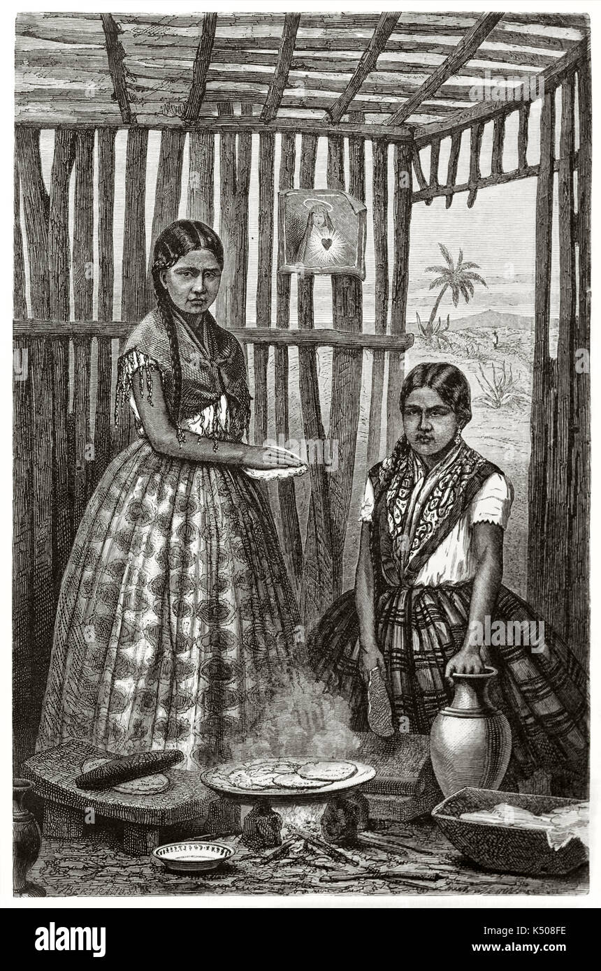 Zwei alte Frauen, die tortilleras (mexikanische Tortillas) Kochen indoor in einer Hütte. Von Riou nach Foto von Unknown Author am Le Tour du Monde Paris 1862 veröffentlicht erstellt Stockfoto