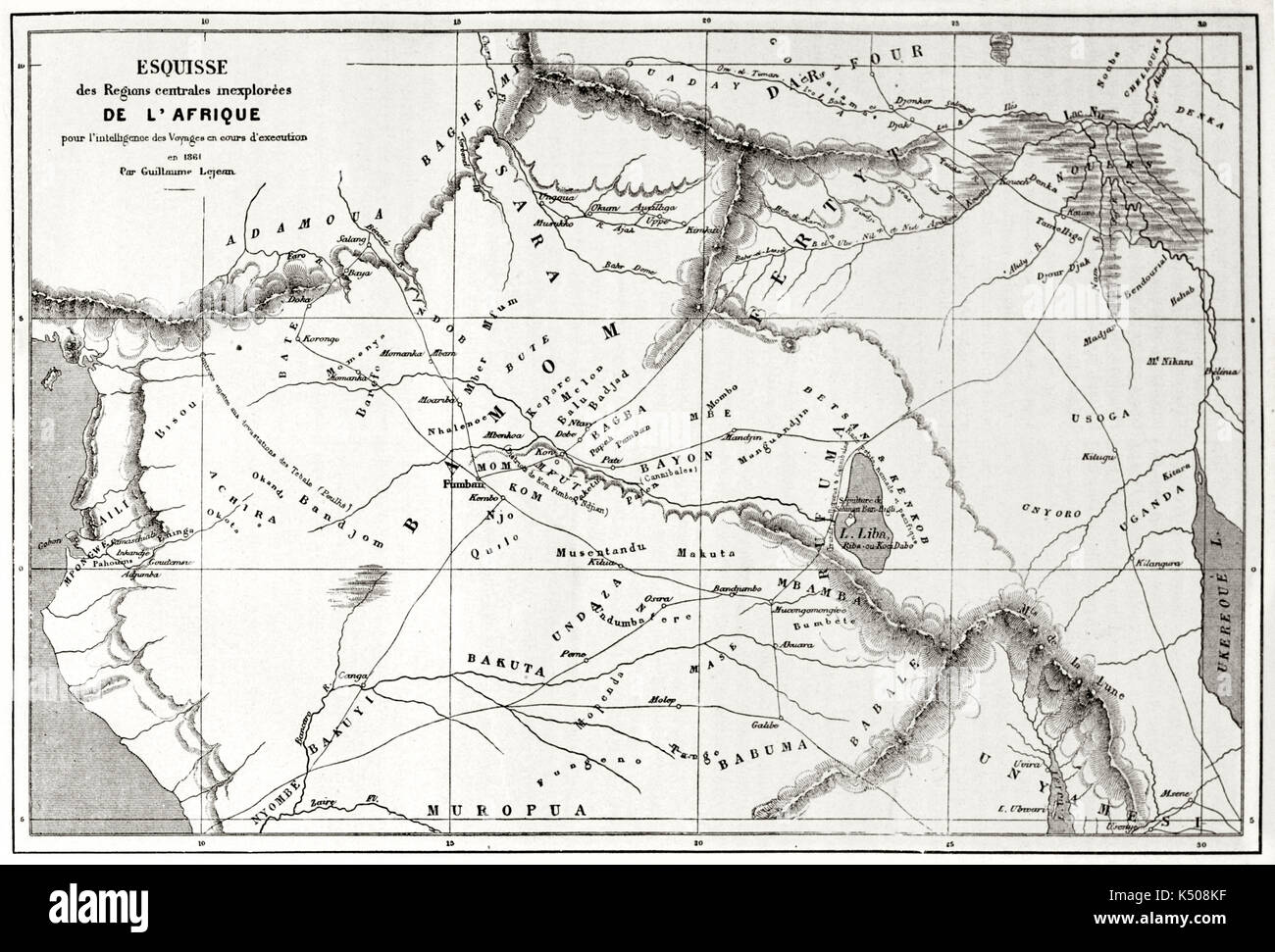 Alte Grauton topografische Karte von Zentralafrika unerforschte Gebiete. Nach Lejean Veröffentlicht am Le Tour du Monde Paris-1862 Stockfoto