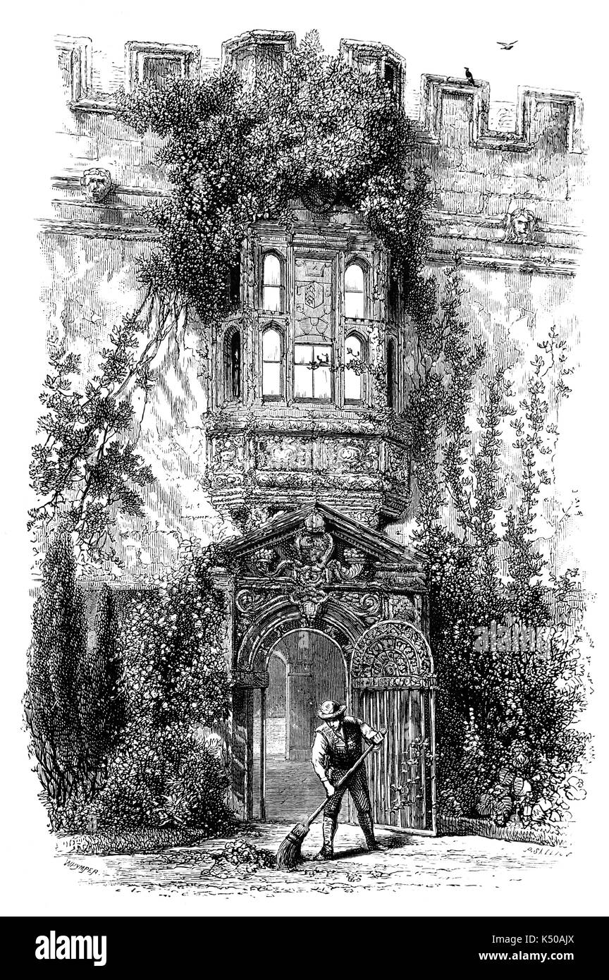 1870: Gärtner am Eingang von St John's College, ein konstituierendes College der Universität Oxford. Im Jahre 1555 vom Kaufmann Sir Thomas Weiß gegründet, die eine Quelle von gebildeten Römisch-katholischen Kleriker zu stellen die Gegenreformation unter Königin Maria zu unterstützen. England. Stockfoto