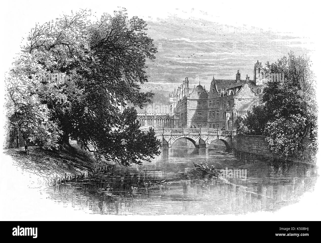 1870: Blick auf den Fluss Cam mit der Küche Brücke (durch Wren um 1710 erbaut) und hinter die neugotische Seufzerbrücke von Henry Hutchinson 1831 entworfen von Henry Hutchinson. Beide sind Teil der St. Johns College, Universität Cambridge, England Stockfoto